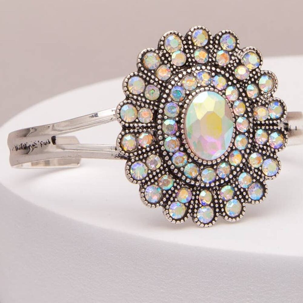 Western Halo Flower Oval Crystal Cuff Bracelet | Oxidized Silver